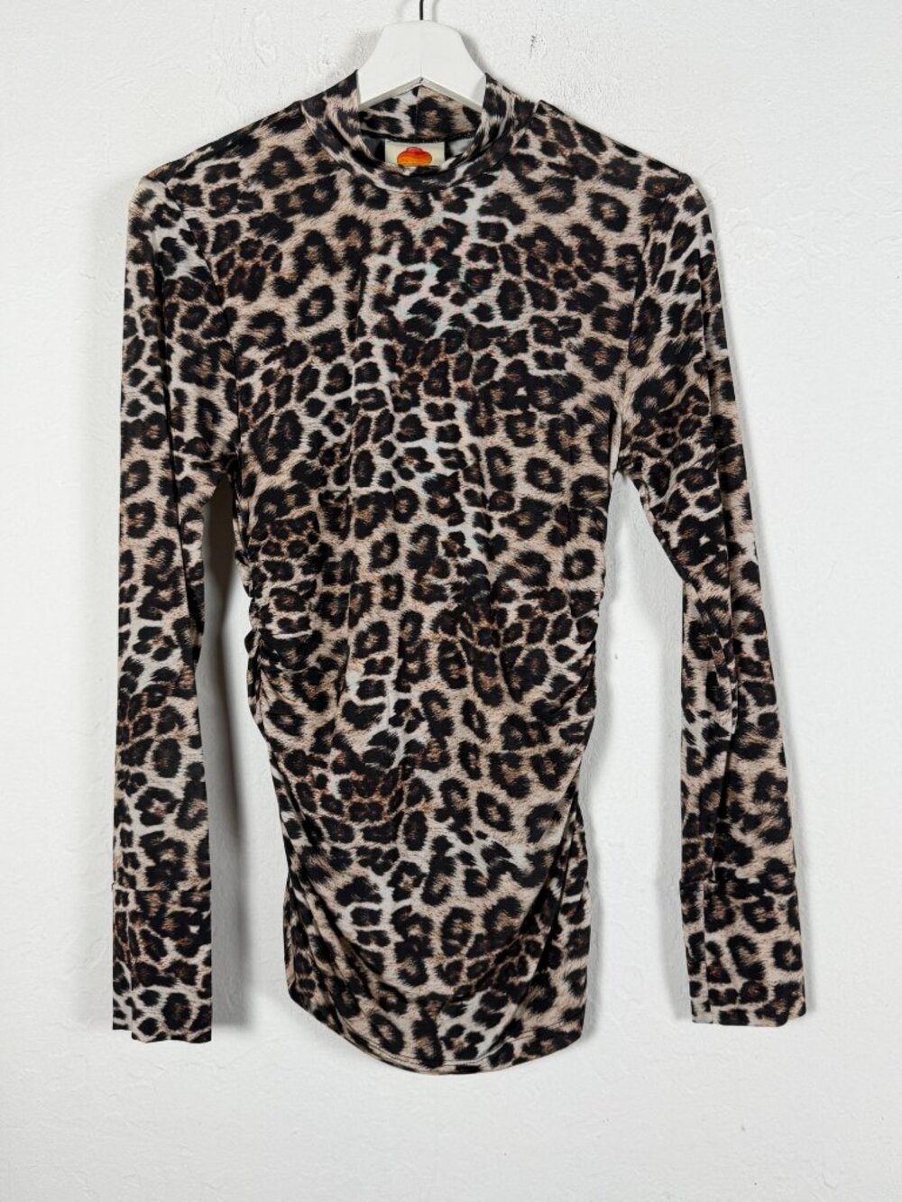 Farm Rio Womens Leopard Animal Print Ruched Long Sleeve Top Small Stretch Brown